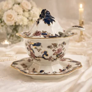 Zuppiera con coperchio, mestolo e vassoio – Mason’s “Mandalay” Inghilterra, fine XX secolo Raffinata zuppiera in porcellana inglese completa di coperchio sagomato con presa plastica a fiore, mestolo coordinato e vassoio ottagonale. Produzione Mason’s, decoro “Mandalay”, caratterizzato da ricchi motivi floreali policromi di gusto orientale su fondo avorio, con ampia bordura blu cobalto e preziose lumeggiature in oro. Decorazione stampata e finita a mano, come indicato dal marchio al verso “In Celebration of 200 Years – Mandalay – Printed and Hand Painted – Made in England”, riferibile alla produzione celebrativa del bicentenario della manifattura (anni ’90). In eccellente stato di conservazione, senza difetti evidenti. Oggetto di grande eleganza e presenza scenica, ideale per una tavola importante o per arricchire una collezione di porcellane inglesi. Decorazione stampata e finita a mano, come indicato dal marchio al verso “In Celebration of 200 Years – Mandalay – Printed and Hand Painted – Made in England”, riferibile alla produzione celebrativa del bicentenario della manifattura (anni ’90). In eccellente stato di conservazione, senza difetti evidenti. Oggetto di grande eleganza e presenza scenica, ideale per una tavola importante o per arricchire una collezione di porcellane inglesi.