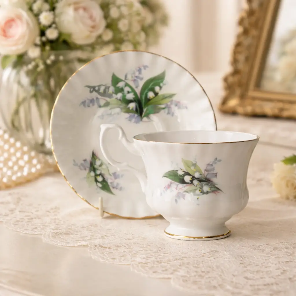 Tazza con piattino in Bone China – Royal Albert “Summertime – Cheverell” Raffinata tazza con piattino in fine Bone China inglese, prodotta dalla rinomata manifattura Royal Albert. Il decoro floreale policromo, appartenente alla serie “Summertime” nel modello “Cheverell”, raffigura un delicato bouquet di mughetti e campanule nei toni del verde, azzurro e lilla, impreziosito da sottili dettagli rosati. La forma elegante, con profilo leggermente mosso, ansa sagomata e bordo rifinito da una sottile filettatura in oro, esprime il tipico gusto romantico e senza tempo della tradizione inglese. In ottime condizioni di conservazione, è un pezzo ideale per collezionisti o per aggiungere un tocco di charme a una tavola o vetrina.