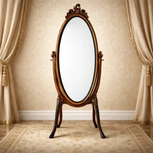 Specchiera psiche da terra di epoca ottocentesca, realizzata in legno massello finemente intagliato e rifinito in calda tonalità noce. La struttura, di elegante forma ovale, è impreziosita da delicati motivi a volute e da un cimiero scolpito che ne esalta il gusto decorativo di matrice neoclassica. I montanti laterali con perni originali consentono l’inclinazione dello specchio, mentre le gambe sagomate conferiscono slancio e stabilità all’insieme. Arredo di grande presenza scenografica, ideale per camere da letto, ingressi o ambienti di rappresentanza. In buono stato di conservazione.