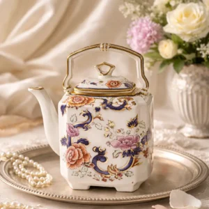 Teiera in porcellana Mason’s – Decoro “Mandalay” Raffinata teiera in porcellana inglese Mason’s “Patent Ironstone”, decorata nel celebre motivo “Mandalay”, di ispirazione orientale. Il fondo avorio è arricchito da un elegante intreccio di peonie e racemi policromi nei toni del rosa, ocra e verde, incorniciati da sinuose volute in blu cobalto intenso finemente profilate in oro. La forma sfaccettata e architettonica, con beccuccio slanciato e manico superiore sagomato con inserti blu e dorati, conferisce all’insieme grande equilibrio e presenza scenica. Il coperchio, perfettamente combaciante, riprende la medesima ricchezza decorativa. Al verso reca il marchio con corona “Mason’s Patent Ironstone – Mandalay – Made in England”. Ottimo stato di conservazione, con smalti brillanti e dorature ben preservate. Ideale sia per collezionisti di porcellana inglese sia come elegante complemento d’arredo.