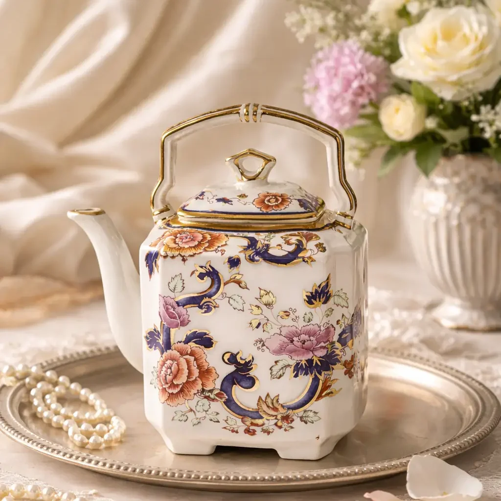 Teiera in porcellana Mason’s – Decoro “Mandalay” Raffinata teiera in porcellana inglese Mason’s “Patent Ironstone”, decorata nel celebre motivo “Mandalay”, di ispirazione orientale. Il fondo avorio è arricchito da un elegante intreccio di peonie e racemi policromi nei toni del rosa, ocra e verde, incorniciati da sinuose volute in blu cobalto intenso finemente profilate in oro. La forma sfaccettata e architettonica, con beccuccio slanciato e manico superiore sagomato con inserti blu e dorati, conferisce all’insieme grande equilibrio e presenza scenica. Il coperchio, perfettamente combaciante, riprende la medesima ricchezza decorativa. Al verso reca il marchio con corona “Mason’s Patent Ironstone – Mandalay – Made in England”. Ottimo stato di conservazione, con smalti brillanti e dorature ben preservate. Ideale sia per collezionisti di porcellana inglese sia come elegante complemento d’arredo.