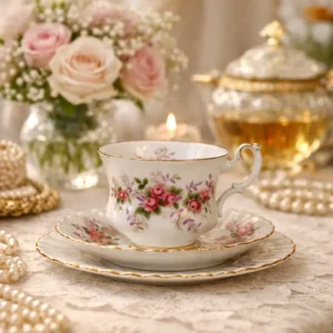 Trio da tè in porcellana inglese Royal Albert, decoro “Lavender Roses”, seconda metà del XX secolo. Composto da tazza, piattino e piatto da dessert, presenta una delicata decorazione floreale policroma con mazzetti di rose rosa e motivi a volute color lavanda, impreziositi da profilature dorate. Eleganti forme mosse di gusto romantico. Ottimo stato di conservazione; raffinato insieme da collezione e da esposizione.