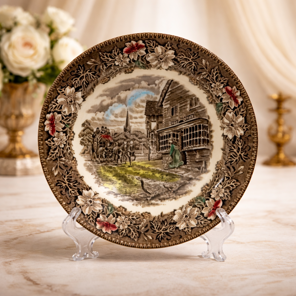 Importante servizio da tavola inglese Royal Tudor Ware – Staffordshire, decoro “Coaching Taverns 1828”, con incisione firmata W.N. Mellor. Realizzato in terraglia fine con stampa sottosmalto nei toni seppia arricchiti da delicati tocchi policromi, presenta suggestive scene di diligenze e locande inglesi incorniciate da un’elegante bordura floreale. Il servizio è composto da 41 pezzi: 12 piatti piani, 12 fondi, 12 piatti antipasto, 1 piatto da portata tondo, 2 piatti da portata ovale, 1 zuppiera con coperchio e 1 insalatiera.