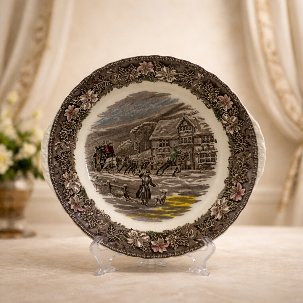 Importante servizio da tavola inglese Royal Tudor Ware – Staffordshire, decoro “Coaching Taverns 1828”, con incisione firmata W.N. Mellor. Realizzato in terraglia fine con stampa sottosmalto nei toni seppia arricchiti da delicati tocchi policromi, presenta suggestive scene di diligenze e locande inglesi incorniciate da un’elegante bordura floreale. Il servizio è composto da 41 pezzi: 12 piatti piani, 12 fondi, 12 piatti antipasto, 1 piatto da portata tondo, 2 piatti da portata ovale, 1 zuppiera con coperchio e 1 insalatiera.