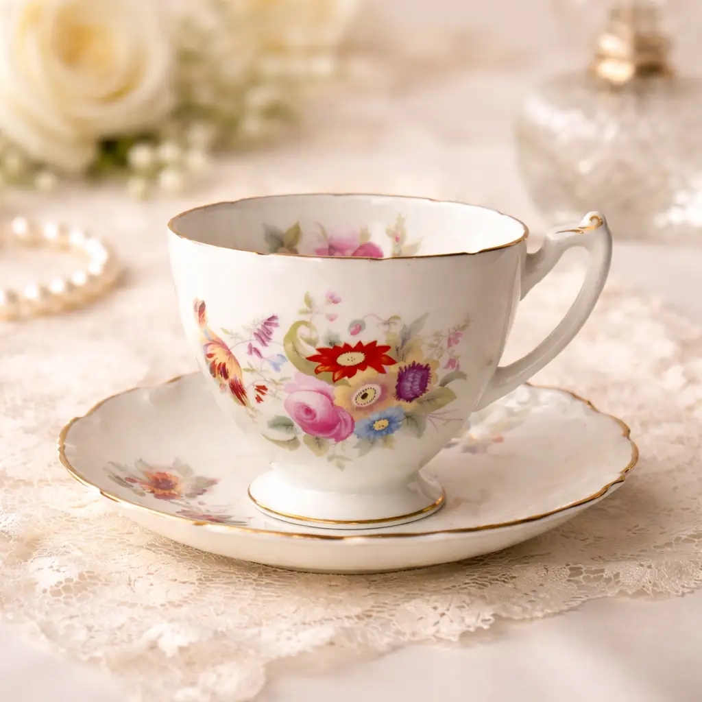 Tazza da tè con piattino in Bone China – Coalport, Inghilterra Raffinata tazza da tè con piattino in fine porcellana Bone China, produzione inglese Coalport, come da marchio al verso con corona e dicitura “Bone China – Coalport – Made in England – Est. 1750”. La tazza, dal corpo leggermente bombato su piede ad anello, è munita di ansa sagomata; il piattino presenta bordo mosso con sottile filettatura in oro. La decorazione, vivace e accurata, raffigura un ricco bouquet floreale policromo con rose e fiori campestri nei toni del rosa, rosso, azzurro e viola, disposto al centro del piattino e sul corpo della tazza. Ottimo stato di conservazione, senza sbeccature o restauri evidenti, con lievi segni d’uso compatibili con l’età. Elegante esempio della tradizione ceramica inglese del Novecento, adatto a collezione o a una tavola in stile classico.