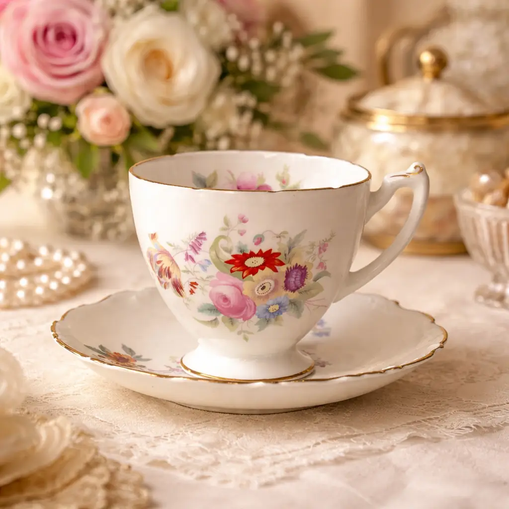 Tazza da tè con piattino in Bone China – Coalport, Inghilterra Raffinata tazza da tè con piattino in fine porcellana Bone China, produzione inglese Coalport, come da marchio al verso con corona e dicitura “Bone China – Coalport – Made in England – Est. 1750”. La tazza, dal corpo leggermente bombato su piede ad anello, è munita di ansa sagomata; il piattino presenta bordo mosso con sottile filettatura in oro. La decorazione, vivace e accurata, raffigura un ricco bouquet floreale policromo con rose e fiori campestri nei toni del rosa, rosso, azzurro e viola, disposto al centro del piattino e sul corpo della tazza. Ottimo stato di conservazione, senza sbeccature o restauri evidenti, con lievi segni d’uso compatibili con l’età. Elegante esempio della tradizione ceramica inglese del Novecento, adatto a collezione o a una tavola in stile classico.