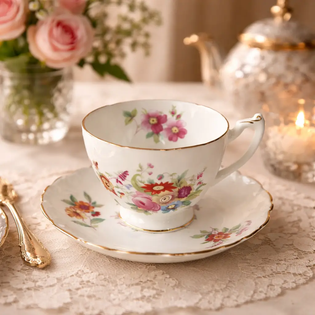 Tazza da tè con piattino in Bone China – Coalport, Inghilterra Raffinata tazza da tè con piattino in fine porcellana Bone China, produzione inglese Coalport, come da marchio al verso con corona e dicitura “Bone China – Coalport – Made in England – Est. 1750”. La tazza, dal corpo leggermente bombato su piede ad anello, è munita di ansa sagomata; il piattino presenta bordo mosso con sottile filettatura in oro. La decorazione, vivace e accurata, raffigura un ricco bouquet floreale policromo con rose e fiori campestri nei toni del rosa, rosso, azzurro e viola, disposto al centro del piattino e sul corpo della tazza. Ottimo stato di conservazione, senza sbeccature o restauri evidenti, con lievi segni d’uso compatibili con l’età. Elegante esempio della tradizione ceramica inglese del Novecento, adatto a collezione o a una tavola in stile classico.