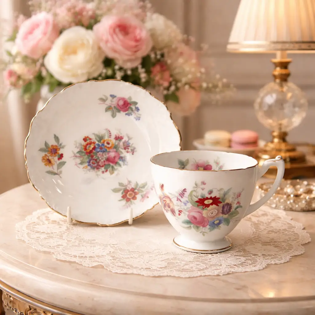 Tazza da tè con piattino in Bone China – Coalport, Inghilterra Raffinata tazza da tè con piattino in fine porcellana Bone China, produzione inglese Coalport, come da marchio al verso con corona e dicitura “Bone China – Coalport – Made in England – Est. 1750”. La tazza, dal corpo leggermente bombato su piede ad anello, è munita di ansa sagomata; il piattino presenta bordo mosso con sottile filettatura in oro. La decorazione, vivace e accurata, raffigura un ricco bouquet floreale policromo con rose e fiori campestri nei toni del rosa, rosso, azzurro e viola, disposto al centro del piattino e sul corpo della tazza. Ottimo stato di conservazione, senza sbeccature o restauri evidenti, con lievi segni d’uso compatibili con l’età. Elegante esempio della tradizione ceramica inglese del Novecento, adatto a collezione o a una tavola in stile classico.