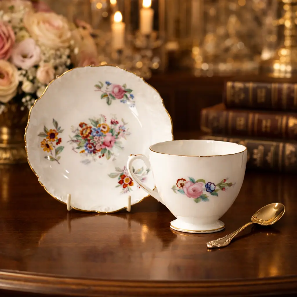Tazza da tè con piattino in Bone China – Coalport, Inghilterra Raffinata tazza da tè con piattino in fine porcellana Bone China, produzione inglese Coalport, come da marchio al verso con corona e dicitura “Bone China – Coalport – Made in England – Est. 1750”. La tazza, dal corpo leggermente bombato su piede ad anello, è munita di ansa sagomata; il piattino presenta bordo mosso con sottile filettatura in oro. La decorazione, vivace e accurata, raffigura un ricco bouquet floreale policromo con rose e fiori campestri nei toni del rosa, rosso, azzurro e viola, disposto al centro del piattino e sul corpo della tazza. Ottimo stato di conservazione, senza sbeccature o restauri evidenti, con lievi segni d’uso compatibili con l’età. Elegante esempio della tradizione ceramica inglese del Novecento, adatto a collezione o a una tavola in stile classico.