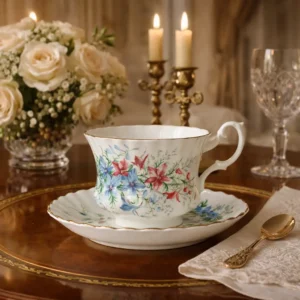 Tazza da tè con piattino in Bone China – Royal Albert, Inghilterra, XX secolo Raffinata tazza da tè con piattino in fine porcellana Bone China della manifattura inglese Royal Albert serie "Friendship" . Corpo leggermente svasato con ansa sagomata a volute; piattino con bordo mosso e tesa ondulata. Decorazione floreale policroma a mazzetti nei toni del blu e del rosso con tralci verdi, eseguita in stile naturalistico; profili impreziositi da sottile filettatura in oro. Marchio sul fondo “Royal Albert – Bone China – England”. Ottimo stato di conservazione. Elegante esempio della produzione inglese della seconda metà del Novecento, adatto a collezione o utilizzo decorativo.