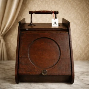Porta carbone inglese di epoca vittoriana (fine XIX secolo), realizzato in legno massello con struttura solida e ben proporzionata. Il fronte è impreziosito da pannello centrale circolare incassato con sottili incisioni geometriche, mentre lo sportello ribaltabile e il coperchio superiore incernierato consentono un utilizzo pratico e funzionale. L’interno conserva il contenitore metallico originale con suddivisioni interne e maniglie laterali. La sommità è dotata di elegante maniglia con impugnatura tornita in legno e supporti in metallo sagomato. Bella patina antica e normali segni di usura coerenti con l’età. Pezzo autentico d’epoca, ideale come complemento accanto al camino o come contenitore decorativo in ambienti classici.