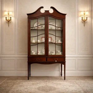 Vetrina inglese in stile Georgian Revival – fine XIX secolo Elegante vetrina inglese di fine Ottocento, realizzata in legno massello con pregiate impiallacciature e calda patina bruna. Il corpo superiore presenta due ante vetrate con montanti sagomati ad andamento ondulato, sormontate da un raffinato cimiero a doppia voluta con motivo centrale. L’interno è suddiviso da ripiani destinati all’esposizione di porcellane, vetri o oggetti da collezione. La parte inferiore è dotata di due cassetti affiancati, inseriti sopra una fascia mossa, mentre il mobile poggia su gambe rastremate di gusto neoclassico. Mobile di linea armoniosa e ben proporzionata, espressione del gusto Georgian Revival inglese, ideale per ambienti classici ed eleganti. Condizioni: molto buone, con lievi segni del tempo coerenti con l’età.