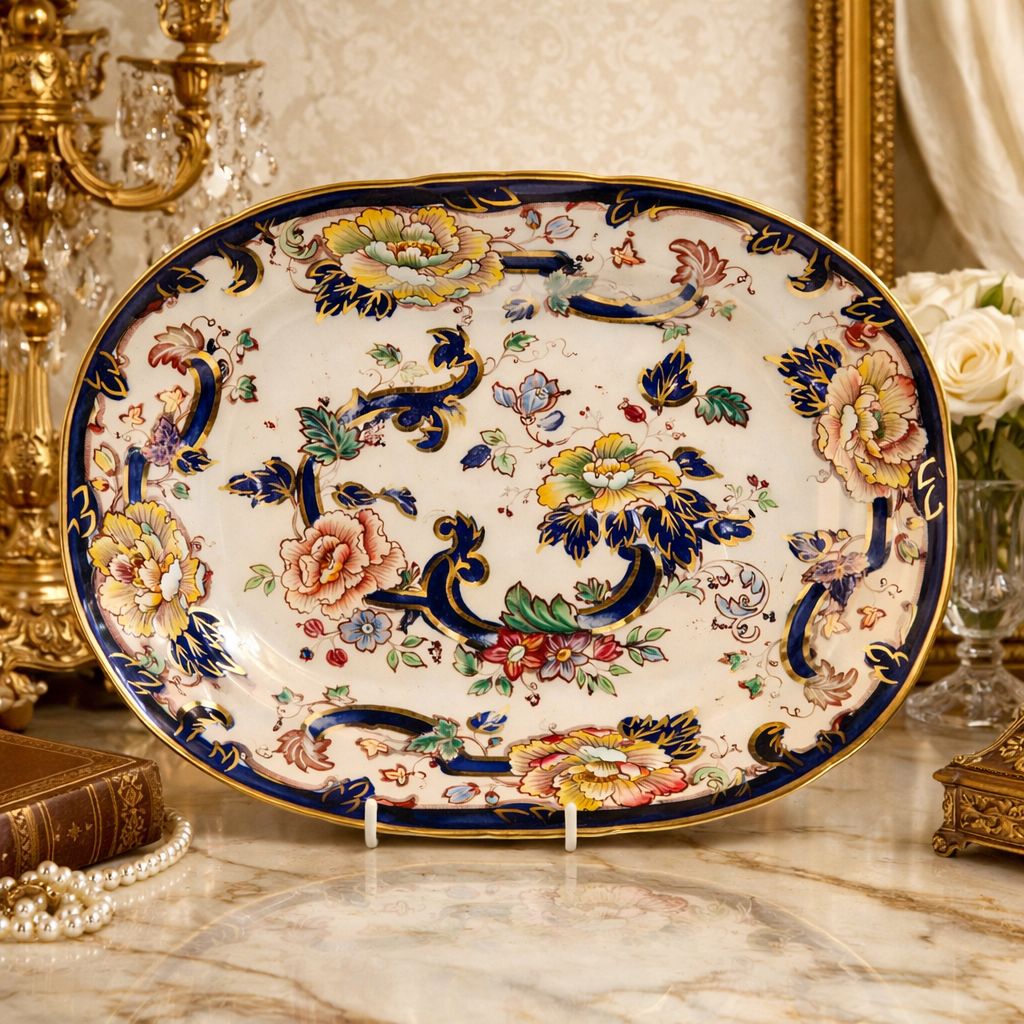 Piatto ovale Mason’s “Millennium Mandalay Dresser” – Edizione Limitata Raffinato piatto ovale in porcellana inglese prodotto da Mason’s (est. 1796) in occasione delle celebrazioni del Millennio. Appartiene alla serie commemorativa “The Mason’s Millennium Mandalay Dresser”, realizzata in tiratura limitata di soli 950 esemplari. La decorazione policroma riprende il celebre motivo “Mandalay”, con ricchi elementi floreali stilizzati, volute ornamentali di gusto orientale e intensa predominanza di blu cobalto, verde e rosso, impreziositi da dorature brillanti. Bordo profilato in oro. Marcato al verso con iscrizione ufficiale della serie e indicazione della tiratura limitata. Esemplare in eccellente stato di conservazione, ideale per collezionisti di ceramica inglese e per arredo di credenze o ambienti classici.