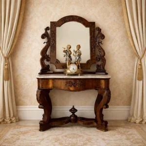 Consolle con specchiera in stile Luigi Filippo – metà XIX secolo Elegante console con specchiera francese di metà Ottocento, realizzata in legno massello con belle impiallacciature e ricca decorazione a intaglio di gusto Luigi Filippo. Il fronte mosso è sormontato da un piano in marmo bianco sagomato, inserito armoniosamente nella struttura. La fascia sottopiano è impreziosita da un motivo vegetale intagliato, mentre le gambe anteriori, sinuose e scolpite, sono raccordate da una traversa sagomata con elemento centrale tornito. La specchiera presenta cornice sagomata con cimasa arcuata e motivi floreali, affiancata da importanti volute laterali scolpite. Mobile di grande eleganza e presenza scenica, ideale per ingresso o salone. Condizioni: molto buone, con lievi segni del tempo coerenti con l’età.