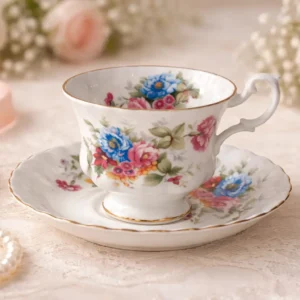 azza con piattino in Bone China – Royal Albert “Summertime Series” n. 35 Raffinata tazza con piattino in fine Bone China inglese della celebre manifattura Royal Albert, appartenente alla “Summertime Series”, decoro n. 35, come da marchio al verso. La decorazione floreale policroma, con rose e fiori da giardino nei toni vivaci del blu, rosa e giallo, risalta sul fondo bianco latte ed è impreziosita da una sottile filettatura in oro lungo i bordi. La tazza, dalla linea elegante con piede ad anello e ansa sagomata, è abbinata a un piattino dal profilo leggermente ondulato che riprende armoniosamente il motivo floreale. In ottime condizioni di conservazione, rappresenta un delicato esempio della tradizione inglese del Novecento, ideale per collezionisti o per aggiungere un tocco romantico e raffinato alla tavola.