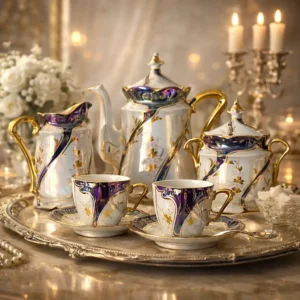 Servizio da caffè in porcellana iridescente con finiture in oro – 15 pezzi Raffinato servizio da caffè in porcellana europea della prima metà del Novecento, caratterizzato da una luminosa finitura madreperlata con eleganti riflessi cangianti nei toni del viola e del verde. Il decoro floreale stilizzato, eseguito in oro, si integra armoniosamente alle linee mosse e slanciate delle forme, di gusto Liberty. Il servizio è composto da 12 tazzine con relativi piattini, caffettiera con coperchio, lattiera e zuccheriera con coperchio. I manici dorati e i dettagli finemente modellati conferiscono all’insieme grande eleganza e ricercatezza. Marchio al verso con corona. Ottimo stato di conservazione, con lievi segni del tempo coerenti con l’epoca. Ideale per collezione o per impreziosire una tavola d’atmosfera.