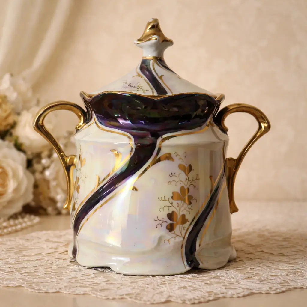 Servizio da caffè in porcellana iridescente con finiture in oro – 15 pezzi Raffinato servizio da caffè in porcellana europea della prima metà del Novecento, caratterizzato da una luminosa finitura madreperlata con eleganti riflessi cangianti nei toni del viola e del verde. Il decoro floreale stilizzato, eseguito in oro, si integra armoniosamente alle linee mosse e slanciate delle forme, di gusto Liberty. Il servizio è composto da 12 tazzine con relativi piattini, caffettiera con coperchio, lattiera e zuccheriera con coperchio. I manici dorati e i dettagli finemente modellati conferiscono all’insieme grande eleganza e ricercatezza. Marchio al verso con corona. Ottimo stato di conservazione, con lievi segni del tempo coerenti con l’epoca. Ideale per collezione o per impreziosire una tavola d’atmosfera.