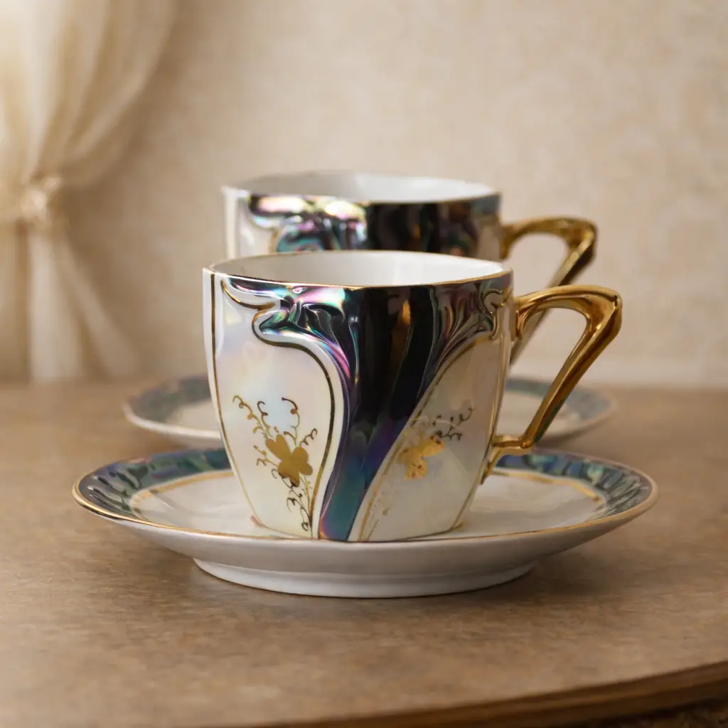 Servizio da caffè in porcellana iridescente con finiture in oro – 15 pezzi Raffinato servizio da caffè in porcellana europea della prima metà del Novecento, caratterizzato da una luminosa finitura madreperlata con eleganti riflessi cangianti nei toni del viola e del verde. Il decoro floreale stilizzato, eseguito in oro, si integra armoniosamente alle linee mosse e slanciate delle forme, di gusto Liberty. Il servizio è composto da 12 tazzine con relativi piattini, caffettiera con coperchio, lattiera e zuccheriera con coperchio. I manici dorati e i dettagli finemente modellati conferiscono all’insieme grande eleganza e ricercatezza. Marchio al verso con corona. Ottimo stato di conservazione, con lievi segni del tempo coerenti con l’epoca. Ideale per collezione o per impreziosire una tavola d’atmosfera.