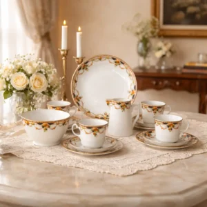 Servizio da tè in porcellana inglese “Osborne” – Staffordshire, Fine XIX secolo Elegante servizio da tè in fine porcellana inglese, marcato al verso “Osborne – Trade Mark – Genuine China – England”, produzione dello Staffordshire databile ai primi decenni del Novecento. Il servizio presenta una raffinata decorazione policroma a motivi floreali stilizzati nei toni dell’arancio, verde e nero, impreziosita da leggere dorature lungo i bordi. Il fondo bianco avorio valorizza l’equilibrio delle forme e la delicatezza dell’apparato ornamentale, tipico del gusto tardo edoardiano. Composto da quattro tazze con relativi piattini, lattiera, zuccheriera e piatto da servizio. Ottimo stato di conservazione generale, con lievi segni del tempo coerenti con l’epoca. Un insieme di grande eleganza, ideale sia per l’uso sia per arricchire una collezione di porcellane inglesi d’epoca.