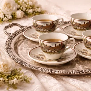 Tazza con piattino in ceramica – “Romantic England”, Staffordshire Tazza con piattino in ceramica inglese decorata con vedute paesaggistiche tratte dalla serie “Romantic England”, come da marchio al verso. I soggetti raffigurano scorci tradizionali britannici, tra cui Dunster (The Yarn Market) e Anne Hathaway’s Cottage a Shottery, resi in tonalità seppia con delicati accenti policromi. La forma è semplice ed elegante, con tazza leggermente svasata e ansa lineare; il bordo di entrambi i pezzi è impreziosito da una sottile filettatura rosso mattone che incornicia le scene. Esempio rappresentativo della produzione ceramica inglese del XX secolo, in buone/ottime condizioni di conservazione, ideale per collezionisti di oggetti a tema britannico o per arricchire una tavola con un tocco di fascino tradizionale.