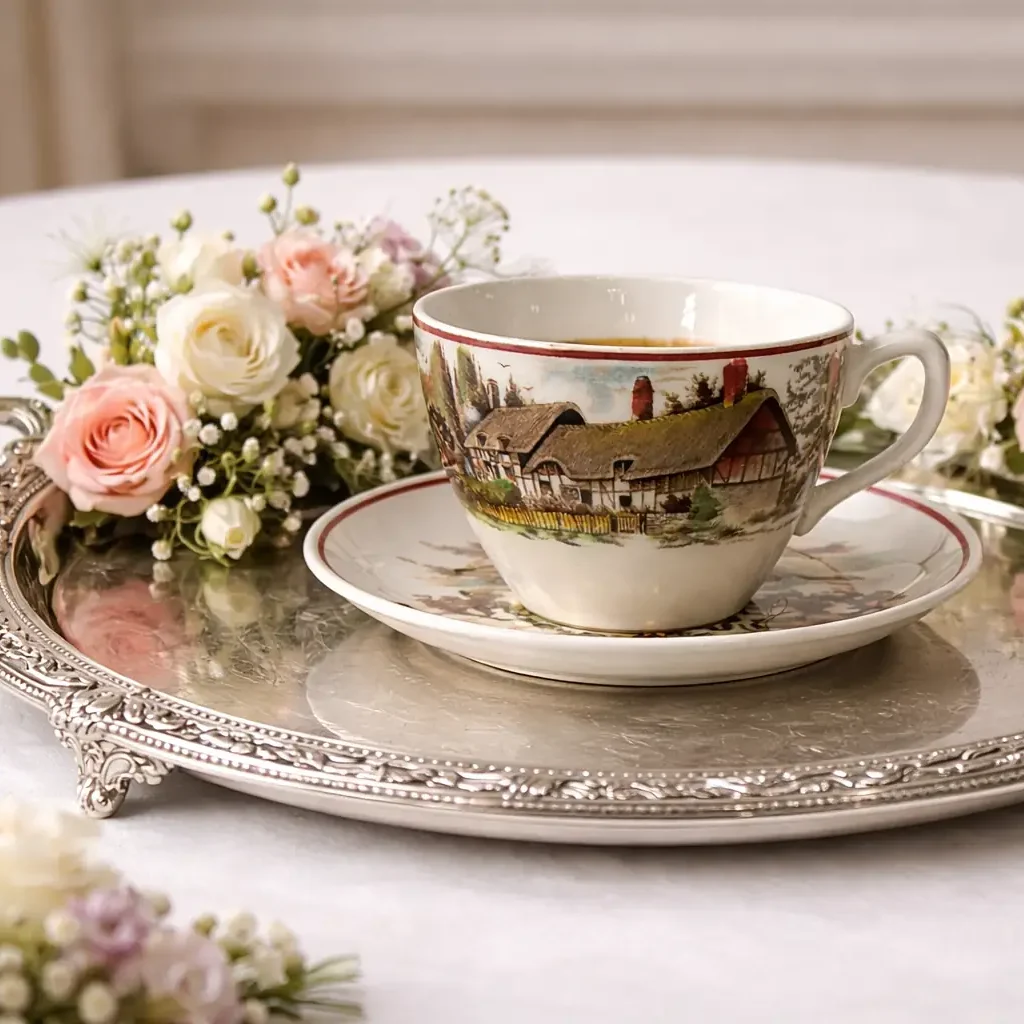 Tazza con piattino in ceramica – “Romantic England”, Staffordshire Tazza con piattino in ceramica inglese decorata con vedute paesaggistiche tratte dalla serie “Romantic England”, come da marchio al verso. I soggetti raffigurano scorci tradizionali britannici, tra cui Dunster (The Yarn Market) e Anne Hathaway’s Cottage a Shottery, resi in tonalità seppia con delicati accenti policromi. La forma è semplice ed elegante, con tazza leggermente svasata e ansa lineare; il bordo di entrambi i pezzi è impreziosito da una sottile filettatura rosso mattone che incornicia le scene. Esempio rappresentativo della produzione ceramica inglese del XX secolo, in buone/ottime condizioni di conservazione, ideale per collezionisti di oggetti a tema britannico o per arricchire una tavola con un tocco di fascino tradizionale.