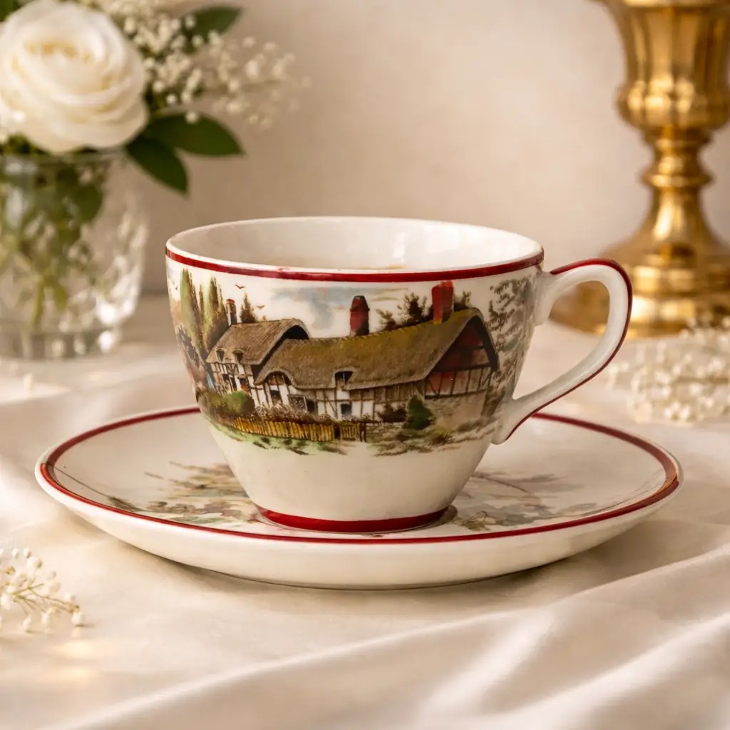 Tazza con piattino in ceramica – “Romantic England”, Staffordshire Tazza con piattino in ceramica inglese decorata con vedute paesaggistiche tratte dalla serie “Romantic England”, come da marchio al verso. I soggetti raffigurano scorci tradizionali britannici, tra cui Dunster (The Yarn Market) e Anne Hathaway’s Cottage a Shottery, resi in tonalità seppia con delicati accenti policromi. La forma è semplice ed elegante, con tazza leggermente svasata e ansa lineare; il bordo di entrambi i pezzi è impreziosito da una sottile filettatura rosso mattone che incornicia le scene. Esempio rappresentativo della produzione ceramica inglese del XX secolo, in buone/ottime condizioni di conservazione, ideale per collezionisti di oggetti a tema britannico o per arricchire una tavola con un tocco di fascino tradizionale. Tazza con piattino in ceramica – “Romantic England”, Staffordshire Interessante tazza con piattino in ceramica inglese decorata con scene paesaggistiche di gusto romantico, prodotta a Staffordshire e contrassegnata al verso con marchio “Romantic England – Dunster, Somerset – The Yarn Market / Anne Hathaway’s Cottage, Shottery”. La decorazione raffigura vedute architettoniche e rurali inglesi, con cottage dal tetto in paglia, case a graticcio e scorci di villaggi tradizionali, rese in tonalità seppia con delicati accenti policromi. Il bordo è sottolineato da una sottile filettatura rosso mattone che incornicia armoniosamente le scene. La forma della tazza, leggermente svasata con ansa semplice e funzionale, si abbina a un piattino dal profilo lineare, anch’esso decorato con veduta centrale coordinata. Manifattura: Staffordshire Serie: Romantic England Soggetti: Dunster – The Yarn Market / Anne Hathaway’s Cottage, Shottery Origine: Inghilterra Epoca: primo Novecento Condizioni: buone/ottime, con lievi segni del tempo compatibili con l’età. Un gradevole esempio di ceramica inglese a soggetto paesaggistico, ideale per collezionisti di souvenir storici britannici o per arricchire una collezione tematica dedicata all’Inghilterra romantica.