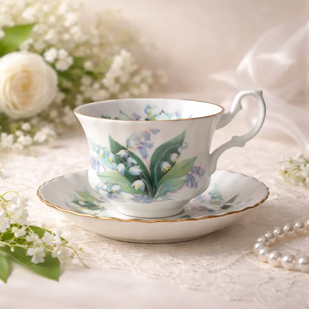 Tazza con piattino in Bone China – Royal Albert “Summertime – Cheverell” Raffinata tazza con piattino in fine Bone China inglese, prodotta dalla rinomata manifattura Royal Albert. Il decoro floreale policromo, appartenente alla serie “Summertime” nel modello “Cheverell”, raffigura un delicato bouquet di mughetti e campanule nei toni del verde, azzurro e lilla, impreziosito da sottili dettagli rosati. La forma elegante, con profilo leggermente mosso, ansa sagomata e bordo rifinito da una sottile filettatura in oro, esprime il tipico gusto romantico e senza tempo della tradizione inglese. In ottime condizioni di conservazione, è un pezzo ideale per collezionisti o per aggiungere un tocco di charme a una tavola o vetrina.