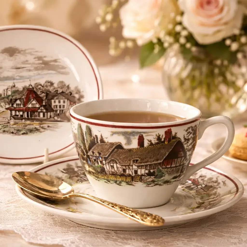 Tazza con piattino in ceramica – “Romantic England”, Staffordshire Tazza con piattino in ceramica inglese decorata con vedute paesaggistiche tratte dalla serie “Romantic England”, come da marchio al verso. I soggetti raffigurano scorci tradizionali britannici, tra cui Dunster (The Yarn Market) e Anne Hathaway’s Cottage a Shottery, resi in tonalità seppia con delicati accenti policromi. La forma è semplice ed elegante, con tazza leggermente svasata e ansa lineare; il bordo di entrambi i pezzi è impreziosito da una sottile filettatura rosso mattone che incornicia le scene. Esempio rappresentativo della produzione ceramica inglese del XX secolo, in buone/ottime condizioni di conservazione, ideale per collezionisti di oggetti a tema britannico o per arricchire una tavola con un tocco di fascino tradizionale.