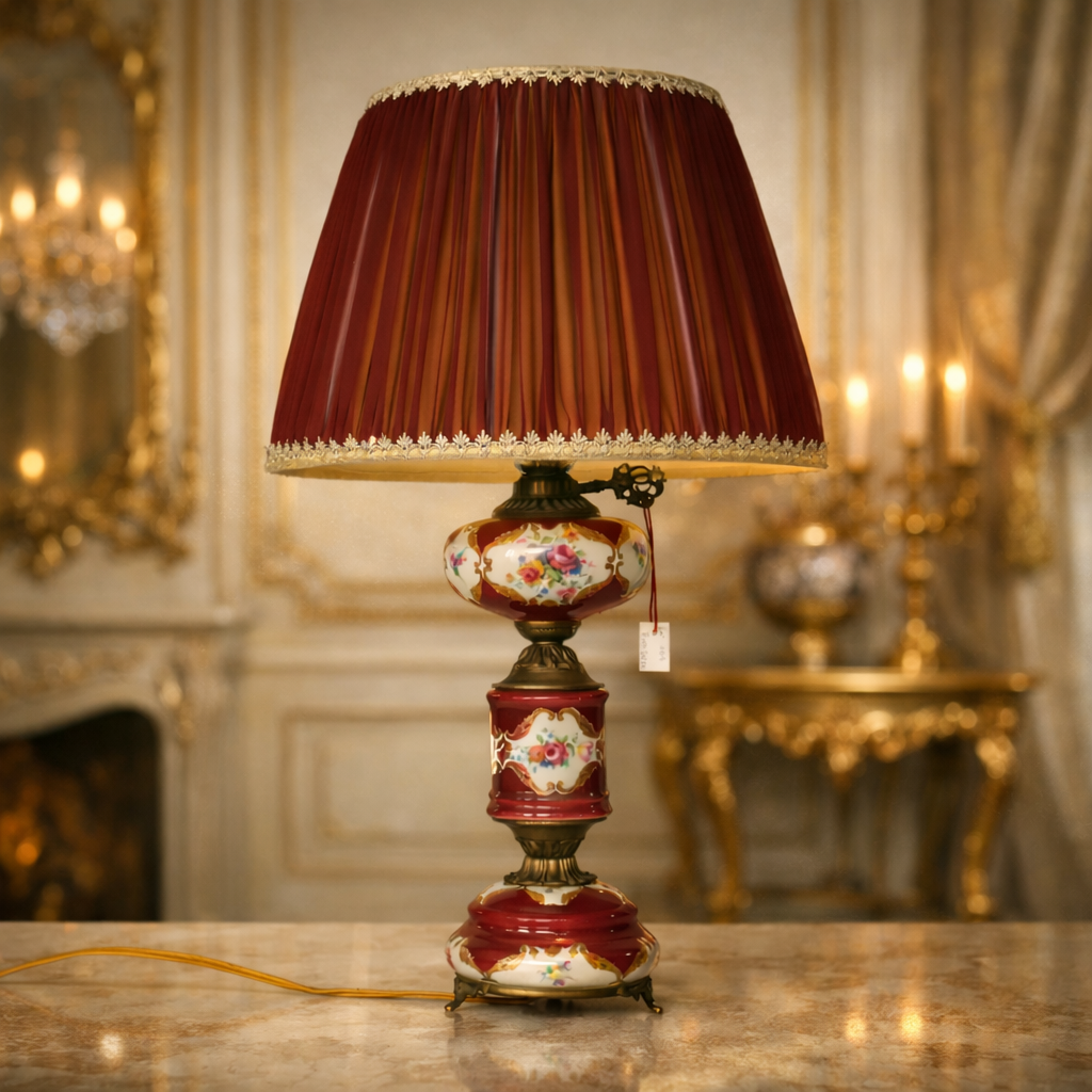 Lampada da tavolo in porcellana dipinta e bronzo, Francia, fine XIX – inizi XX secolo Elegante lampada da tavolo di manifattura francese, realizzata tra la fine del XIX e i primi anni del XX secolo. Il fusto è composto da elementi in porcellana smaltata e dipinta a mano, decorati con riserve floreali policrome su fondo rosso porpora, impreziosite da filettature dorate. La struttura è completata da una montatura in bronzo cesellato, con base sagomata su piedini e braccio laterale con chiave di accensione e tirante in cordoncino. La lampada è dotata di paralume tronco-conico in tessuto plissettato, rifinito con passamaneria decorativa, armonizzato per colore e stile con il corpo della lampada. Oggetto di gusto tardo ottocentesco, decorativo e funzionale, si presenta in ottimo stato di conservazione, con lievi segni del tempo coerenti con l’età.