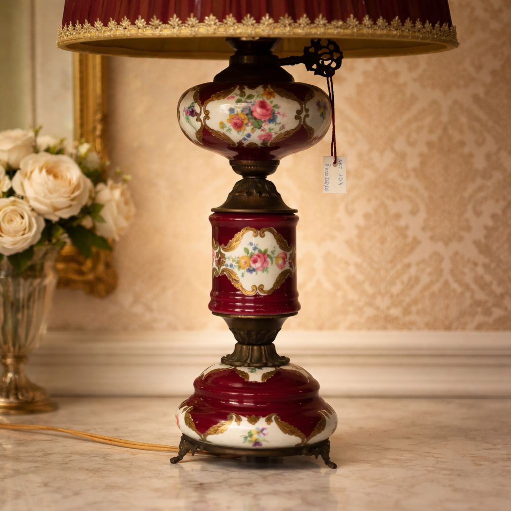 Lampada da tavolo in porcellana dipinta e bronzo, Francia, fine XIX – inizi XX secolo Elegante lampada da tavolo di manifattura francese, realizzata tra la fine del XIX e i primi anni del XX secolo. Il fusto è composto da elementi in porcellana smaltata e dipinta a mano, decorati con riserve floreali policrome su fondo rosso porpora, impreziosite da filettature dorate. La struttura è completata da una montatura in bronzo cesellato, con base sagomata su piedini e braccio laterale con chiave di accensione e tirante in cordoncino. La lampada è dotata di paralume tronco-conico in tessuto plissettato, rifinito con passamaneria decorativa, armonizzato per colore e stile con il corpo della lampada. Oggetto di gusto tardo ottocentesco, decorativo e funzionale, si presenta in ottimo stato di conservazione, con lievi segni del tempo coerenti con l’età.