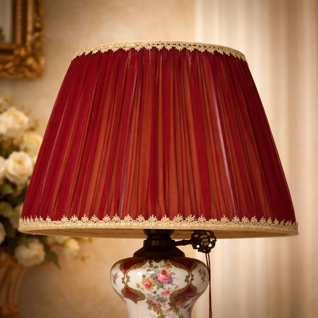 Lampada da tavolo in porcellana dipinta e bronzo, Francia, fine XIX – inizi XX secolo Elegante lampada da tavolo di manifattura francese, realizzata tra la fine del XIX e i primi anni del XX secolo. Il fusto è composto da elementi in porcellana smaltata e dipinta a mano, decorati con riserve floreali policrome su fondo rosso porpora, impreziosite da filettature dorate. La struttura è completata da una montatura in bronzo cesellato, con base sagomata su piedini e braccio laterale con chiave di accensione e tirante in cordoncino. La lampada è dotata di paralume tronco-conico in tessuto plissettato, rifinito con passamaneria decorativa, armonizzato per colore e stile con il corpo della lampada. Oggetto di gusto tardo ottocentesco, decorativo e funzionale, si presenta in ottimo stato di conservazione, con lievi segni del tempo coerenti con l’età.
