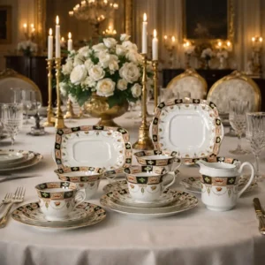 Elegante servizio da tè in porcellana inglese, prodotto a Longton tra la fine del XIX e l’inizio del XX secolo, riconoscibile dal marchio sotto smalto con dicitura Made in England. Il servizio presenta fondo bianco latte decorato con fasce nere, motivi floreali stilizzati nei toni del rosa, verde e pesca e filettature in oro, disposte in modo armonioso lungo i bordi sagomati. Le forme mosse dei piatti e le linee morbide delle tazze esprimono un gusto tipicamente tardo vittoriano / edoardiano.