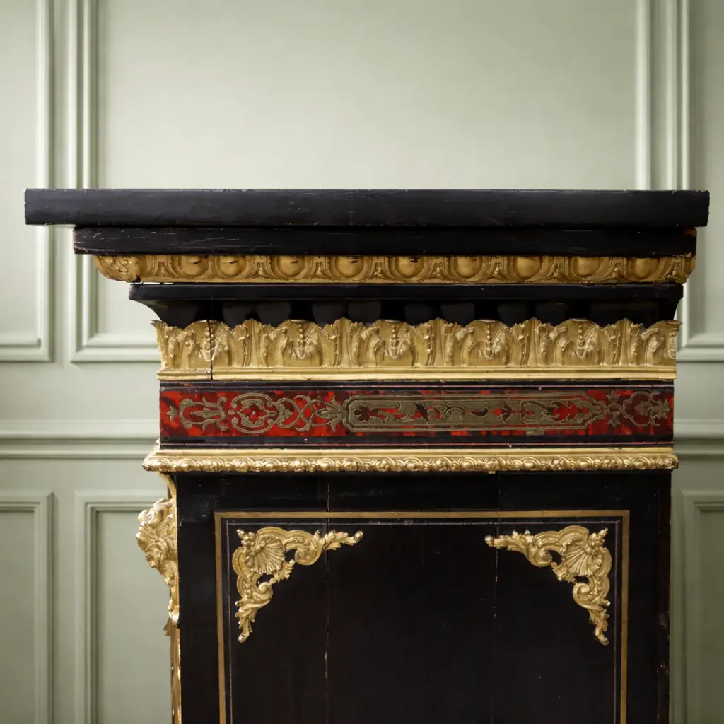 Vetrina alla Boulle in ebano, tartaruga e bronzi dorati Francia, seconda metà del XIX secolo – Stile Napoleone III Raffinata vetrina a un’anta realizzata secondo la celebre tecnica “alla Boulle”, con impiallacciatura in ebano e ricchi intarsi in ottone su fondo in tartaruga rossa naturale, disposti in eleganti motivi a racemi e volute di gusto Luigi XIV. Il prospetto è impreziosito da importanti applicazioni in bronzo dorato finemente cesellato, raffiguranti figure allegoriche laterali, fregi a foglie d’acanto e mascherone centrale nella parte inferiore. L’anta vetrata, incorniciata da profili dorati, apre su ripiani interni destinati all’esposizione di porcellane e oggetti d’arte. Esempio di alta ebanisteria francese del periodo Napoleone III, il mobile coniuga ricchezza ornamentale, equilibrio architettonico e forte impatto scenografico, risultando ideale per ambienti di rappresentanza o collezioni antiquarie di pregio.