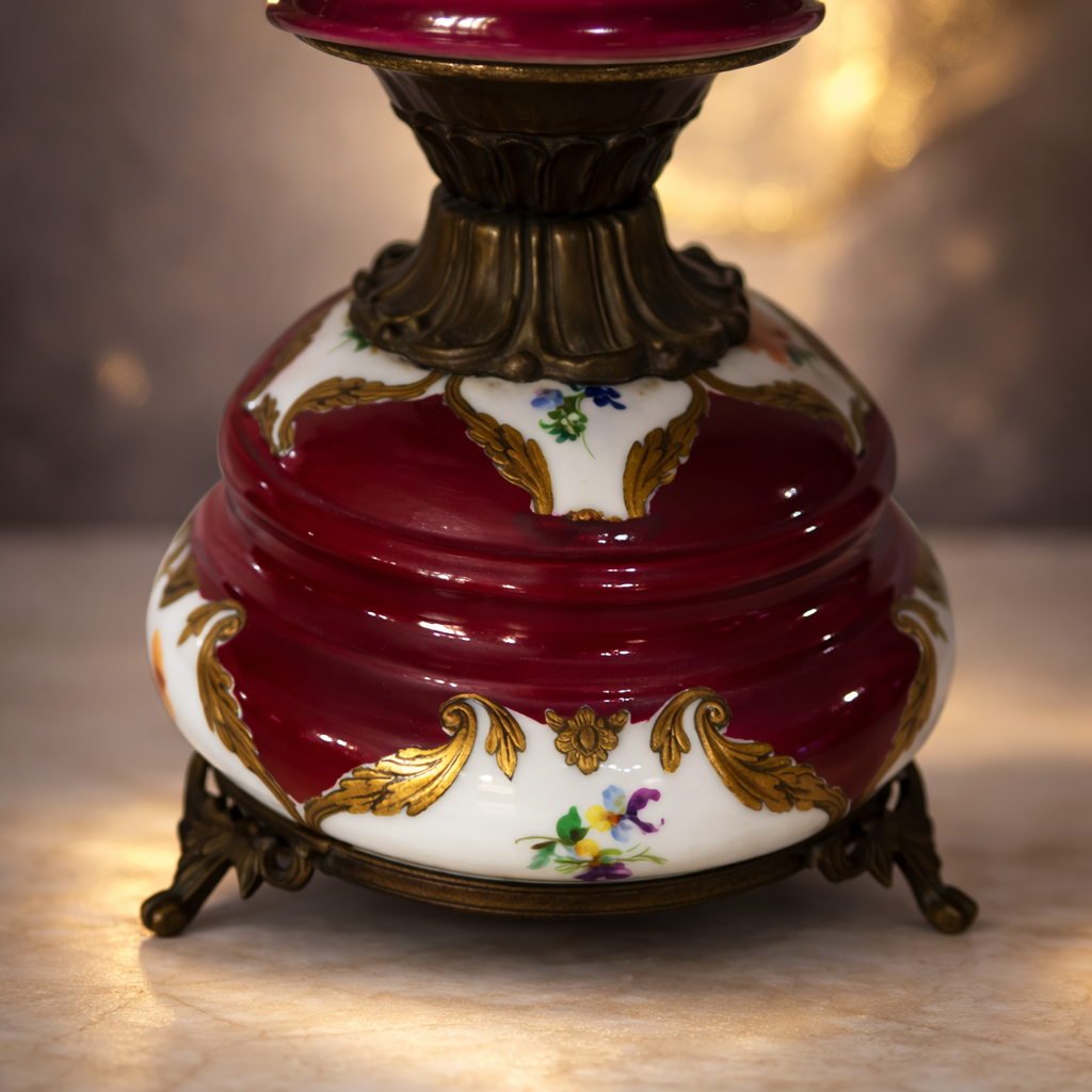Lampada da tavolo in porcellana dipinta e bronzo, Francia, fine XIX – inizi XX secolo Elegante lampada da tavolo di manifattura francese, realizzata tra la fine del XIX e i primi anni del XX secolo. Il fusto è composto da elementi in porcellana smaltata e dipinta a mano, decorati con riserve floreali policrome su fondo rosso porpora, impreziosite da filettature dorate. La struttura è completata da una montatura in bronzo cesellato, con base sagomata su piedini e braccio laterale con chiave di accensione e tirante in cordoncino. La lampada è dotata di paralume tronco-conico in tessuto plissettato, rifinito con passamaneria decorativa, armonizzato per colore e stile con il corpo della lampada. Oggetto di gusto tardo ottocentesco, decorativo e funzionale, si presenta in ottimo stato di conservazione, con lievi segni del tempo coerenti con l’età.