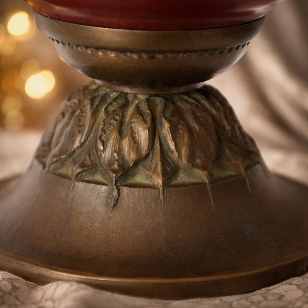 Lampada da tavolo in porcellana dipinta e bronzo, Francia, fine XIX – inizi XX secolo Elegante lampada da tavolo di manifattura francese, realizzata tra la fine del XIX e i primi anni del XX secolo. Il fusto è composto da elementi in porcellana smaltata e dipinta a mano, decorati con riserve floreali policrome su fondo rosso porpora, impreziosite da filettature dorate. La struttura è completata da una montatura in bronzo cesellato, con base sagomata su piedini e braccio laterale con chiave di accensione e tirante in cordoncino. La lampada è dotata di paralume tronco-conico in tessuto plissettato, rifinito con passamaneria decorativa, armonizzato per colore e stile con il corpo della lampada. Oggetto di gusto tardo ottocentesco, decorativo e funzionale, si presenta in ottimo stato di conservazione, con lievi segni del tempo coerenti con l’età.