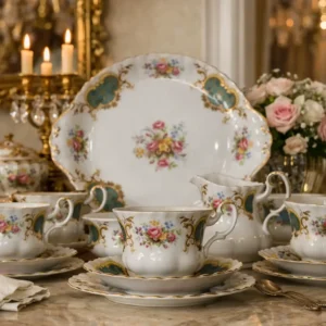 Elegante servizio da tè in fine bone china inglese Royal Albert – modello Berkeley, caratterizzato da una raffinata decorazione policroma floreale con bouquet di rose e fiori campestri, arricchita da cartigli ornamentali turchesi e preziose dorature. Le forme sagomate e i bordi ondulati conferiscono al servizio un aspetto classico e armonioso, tipico della migliore produzione Royal Albert. Marchio sul fondo Royal Albert – Bone China – England – Berkeley, garanzia di autenticità e qualità manifatturiera. Il servizio si presenta in ottimo stato di conservazione, con colori brillanti e dorature ben mantenute, ideale sia per l’uso che per collezione o esposizione. Un insieme di grande eleganza, espressione del gusto inglese del Novecento.
