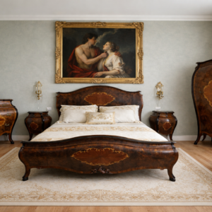 Importante camera da letto in radica di noce intarsiata Italia settentrionale, seconda metà del XIX secolo Elegante e completa camera da letto ottocentesca realizzata in pregiata radica di noce con struttura in massello. L’insieme si distingue per l’armonia delle linee mosse e bombate e per la ricca impiallacciatura disposta a libro, che valorizza la naturale fiammatura del legno. Il letto matrimoniale presenta testiera e pediera sagomate con raffinati medaglioni centrali intarsiati a motivi vegetali stilizzati. Comodini, comò e armadio riprendono coerentemente lo stesso impianto decorativo, con riserve sagomate e intarsi finemente eseguiti, creando un insieme di grande equilibrio estetico. Produzione di alta ebanisteria nord-italiana, espressione del gusto ottocentesco di ripresa barocca, destinata a committenza di rango. Buono stato di conservazione, patina originale ben mantenuta.