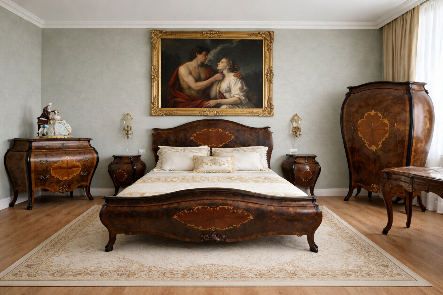 Importante camera da letto in radica di noce intarsiata Italia settentrionale, seconda metà del XIX secolo Elegante e completa camera da letto ottocentesca realizzata in pregiata radica di noce con struttura in massello. L’insieme si distingue per l’armonia delle linee mosse e bombate e per la ricca impiallacciatura disposta a libro, che valorizza la naturale fiammatura del legno. Il letto matrimoniale presenta testiera e pediera sagomate con raffinati medaglioni centrali intarsiati a motivi vegetali stilizzati. Comodini, comò e armadio riprendono coerentemente lo stesso impianto decorativo, con riserve sagomate e intarsi finemente eseguiti, creando un insieme di grande equilibrio estetico. Produzione di alta ebanisteria nord-italiana, espressione del gusto ottocentesco di ripresa barocca, destinata a committenza di rango. Buono stato di conservazione, patina originale ben mantenuta.