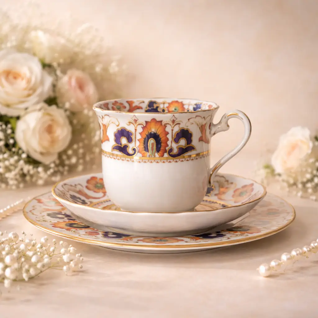 TUSCAN CHINA – Longton, Staffordshire Trio da tè in porcellana fine, ca. 1930–1950 Raffinato trio da tè composto da tazza, piattino e piatto dessert coordinato, in porcellana inglese di produzione Tuscan China, con marchio al verso in verde “Tuscan China – Made in England”. La decorazione, di gusto Imari reinterpretato, presenta motivi floreali e volute stilizzate in rosso ferro e blu cobalto, impreziosite da tocchi in verde e ricche profilature in oro zecchino. Il piatto è elegantemente sagomato con angoli arrotondati e bordo dorato; la tazza, leggermente svasata, è dotata di ansa sagomata con filettatura in oro. Esemplare di grande impatto cromatico e qualità esecutiva, in ottimo stato di conservazione con minimi e fisiologici segni del tempo. Ideale per collezionisti di porcellane inglesi del Novecento o per una mise en place di gusto classico ed elegante.
