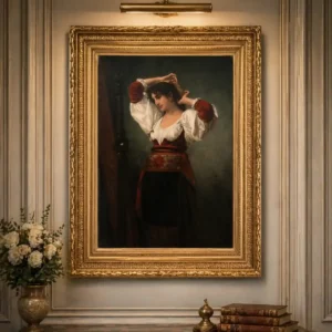 Giovane italiana allo specchio Attribuito a Félix Giacomotti Olio su tela, XIX secolo Raffinato dipinto ottocentesco raffigurante una giovane donna italiana intenta ad acconciarsi davanti allo specchio, colta in un momento di intima quotidianità. La composizione, di elegante gusto accademico, è valorizzata da una sapiente resa luministica e da una ricca armonia cromatica giocata sui toni del bianco, del rosso e del nero. L’opera evidenzia la qualità pittorica tipica della scuola francese del XIX secolo, con particolare attenzione alla delicatezza dell’incarnato, alla morbidezza dei tessuti e all’espressività della figura femminile. Firmato “Giacometti” in basso a destra, il dipinto è corredato da importante cornice lignea dorata coeva, finemente intagliata, che ne accresce il prestigio decorativo e collezionistico.