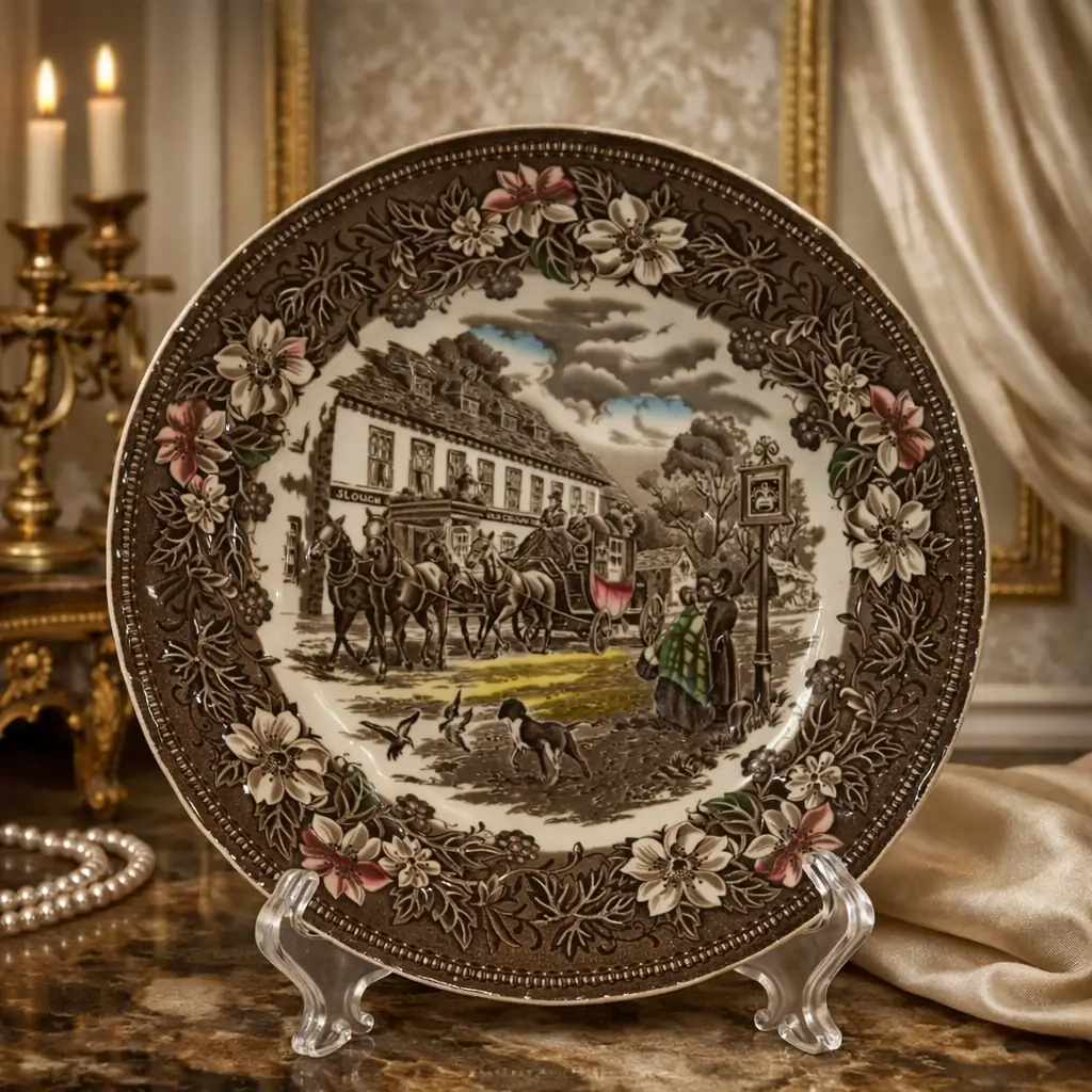 Importante servizio da tavola inglese Royal Tudor Ware – Staffordshire, decoro “Coaching Taverns 1828”, con incisione firmata W.N. Mellor. Realizzato in terraglia fine con stampa sottosmalto nei toni seppia arricchiti da delicati tocchi policromi, presenta suggestive scene di diligenze e locande inglesi incorniciate da un’elegante bordura floreale. Il servizio è composto da 41 pezzi: 12 piatti piani, 12 fondi, 12 piatti antipasto, 1 piatto da portata tondo, 2 piatti da portata ovale, 1 zuppiera con coperchio e 1 insalatiera.