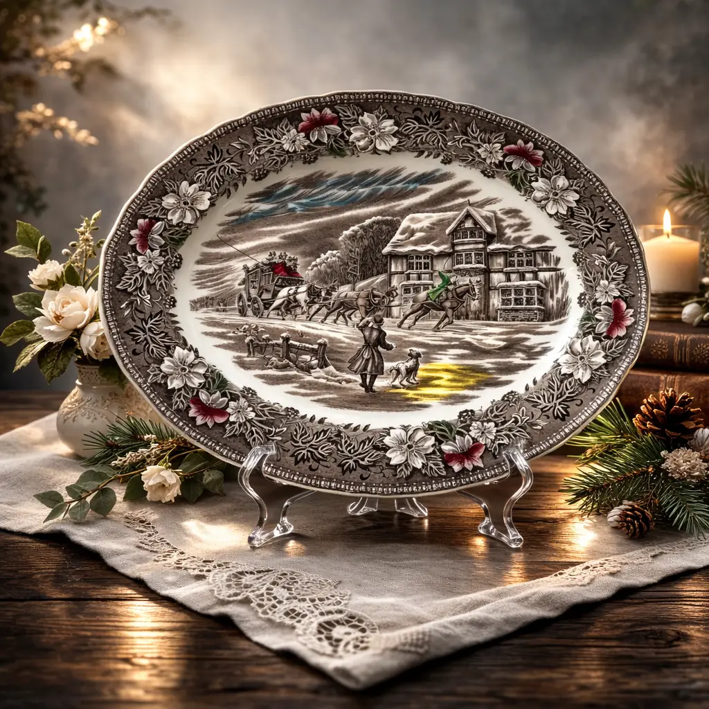 Importante servizio da tavola inglese Royal Tudor Ware – Staffordshire, decoro “Coaching Taverns 1828”, con incisione firmata W.N. Mellor. Realizzato in terraglia fine con stampa sottosmalto nei toni seppia arricchiti da delicati tocchi policromi, presenta suggestive scene di diligenze e locande inglesi incorniciate da un’elegante bordura floreale. Il servizio è composto da 41 pezzi: 12 piatti piani, 12 fondi, 12 piatti antipasto, 1 piatto da portata tondo, 2 piatti da portata ovale, 1 zuppiera con coperchio e 1 insalatiera.