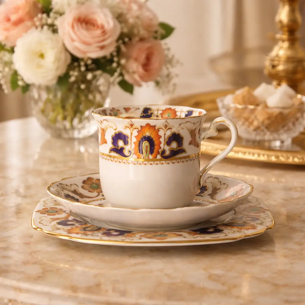 TUSCAN CHINA – Longton, Staffordshire Trio da tè in porcellana fine, ca. 1930–1950 Raffinato trio da tè composto da tazza, piattino e piatto dessert coordinato, in porcellana inglese di produzione Tuscan China, con marchio al verso in verde “Tuscan China – Made in England”. La decorazione, di gusto Imari reinterpretato, presenta motivi floreali e volute stilizzate in rosso ferro e blu cobalto, impreziosite da tocchi in verde e ricche profilature in oro zecchino. Il piatto è elegantemente sagomato con angoli arrotondati e bordo dorato; la tazza, leggermente svasata, è dotata di ansa sagomata con filettatura in oro. Esemplare di grande impatto cromatico e qualità esecutiva, in ottimo stato di conservazione con minimi e fisiologici segni del tempo. Ideale per collezionisti di porcellane inglesi del Novecento o per una mise en place di gusto classico ed elegante.