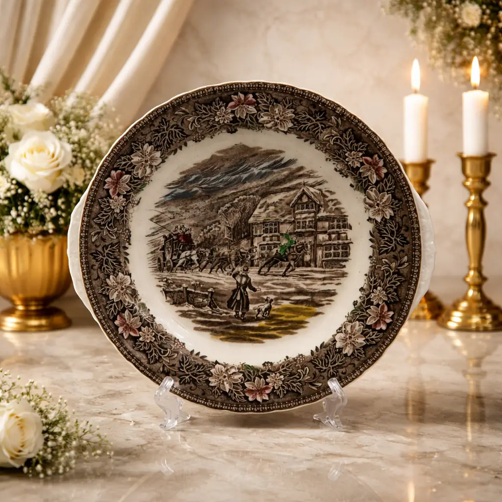 Importante servizio da tavola inglese Royal Tudor Ware – Staffordshire, decoro “Coaching Taverns 1828”, con incisione firmata W.N. Mellor. Realizzato in terraglia fine con stampa sottosmalto nei toni seppia arricchiti da delicati tocchi policromi, presenta suggestive scene di diligenze e locande inglesi incorniciate da un’elegante bordura floreale. Il servizio è composto da 41 pezzi: 12 piatti piani, 12 fondi, 12 piatti antipasto, 1 piatto da portata tondo, 2 piatti da portata ovale, 1 zuppiera con coperchio e 1 insalatiera.