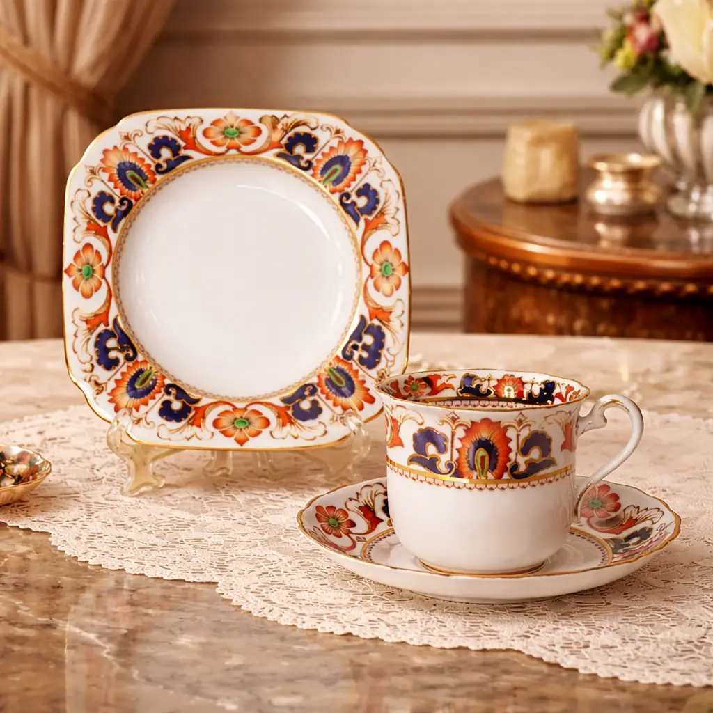 TUSCAN CHINA – Longton, Staffordshire Trio da tè in porcellana fine, ca. 1930–1950 Raffinato trio da tè composto da tazza, piattino e piatto dessert coordinato, in porcellana inglese di produzione Tuscan China, con marchio al verso in verde “Tuscan China – Made in England”. La decorazione, di gusto Imari reinterpretato, presenta motivi floreali e volute stilizzate in rosso ferro e blu cobalto, impreziosite da tocchi in verde e ricche profilature in oro zecchino. Il piatto è elegantemente sagomato con angoli arrotondati e bordo dorato; la tazza, leggermente svasata, è dotata di ansa sagomata con filettatura in oro. Esemplare di grande impatto cromatico e qualità esecutiva, in ottimo stato di conservazione con minimi e fisiologici segni del tempo. Ideale per collezionisti di porcellane inglesi del Novecento o per una mise en place di gusto classico ed elegante.