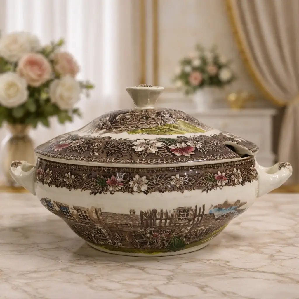Importante servizio da tavola inglese Royal Tudor Ware – Staffordshire, decoro “Coaching Taverns 1828”, con incisione firmata W.N. Mellor. Realizzato in terraglia fine con stampa sottosmalto nei toni seppia arricchiti da delicati tocchi policromi, presenta suggestive scene di diligenze e locande inglesi incorniciate da un’elegante bordura floreale. Il servizio è composto da 41 pezzi: 12 piatti piani, 12 fondi, 12 piatti antipasto, 1 piatto da portata tondo, 2 piatti da portata ovale, 1 zuppiera con coperchio e 1 insalatiera.