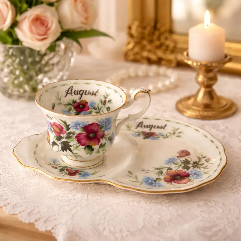 Set da tè Royal Albert – Flower of the Month “August (Poppy)”, Inghilterra, 1970. Set composto da tazza, piattino e vassoio asimmetrico in fine Bone China inglese. Decorazione floreale policroma con bordi in oro e scritta dorata “August”. Marchio al verso originale Royal Albert. Condizioni: eccellenti condizioni vintage. Ideale per collezionisti e amanti delle porcellane inglesi di pregio.