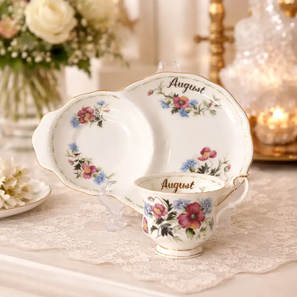 Set da tè Royal Albert – Flower of the Month “August (Poppy)”, Inghilterra, 1970. Set composto da tazza, piattino e vassoio asimmetrico in fine Bone China inglese. Decorazione floreale policroma con bordi in oro e scritta dorata “August”. Marchio al verso originale Royal Albert. Condizioni: eccellenti condizioni vintage. Ideale per collezionisti e amanti delle porcellane inglesi di pregio.