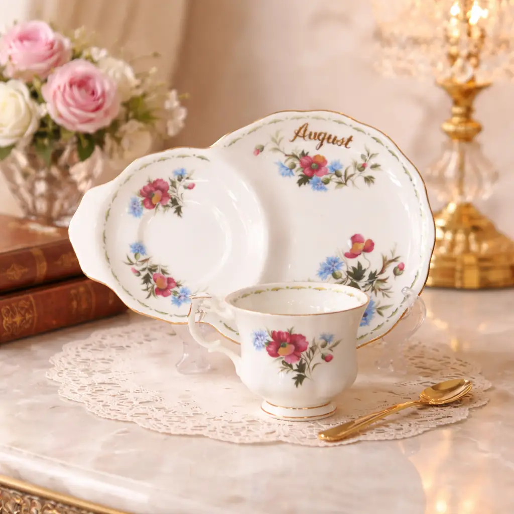 Set da tè Royal Albert – Flower of the Month “August (Poppy)”, Inghilterra, 1970. Set composto da tazza, piattino e vassoio asimmetrico in fine Bone China inglese. Decorazione floreale policroma con bordi in oro e scritta dorata “August”. Marchio al verso originale Royal Albert. Condizioni: eccellenti condizioni vintage. Ideale per collezionisti e amanti delle porcellane inglesi di pregio.