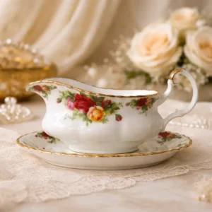 Royal Albert – Old Country Roses Raffinata salsiera con presentatoio originale in finissima Bone China inglese, appartenente alla celebre collezione Old Country Roses di Royal Albert, una delle decorazioni più iconiche e amate della porcellana britannica. La delicata composizione di rose rosse, rosa e gialle, arricchita da eleganti profilature in oro lucido, dona al pezzo un fascino romantico e senza tempo. La salsiera, dalla linea armoniosa e ricercata, è completata dal presentatoio ovale coordinato, elemento che ne esalta ulteriormente la bellezza e la rende particolarmente elegante sulla tavola o esposta in vetrina. Un raffinato complemento per completare un servizio Royal Albert Old Country Roses o per aggiungere a una tavola un autentico tocco di eleganza inglese. Ottimo stato di conservazione, senza sbeccature, crepe o restauri visibili; decorazione e dorature ben conservate. Un piccolo oggetto di grande fascino, perfetto per chi ama la porcellana inglese, le tavole raffinate e l'inconfondibile romanticismo dello stile Old Country Roses.